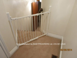 Typical baby gate installed on an angle between 2 walls.